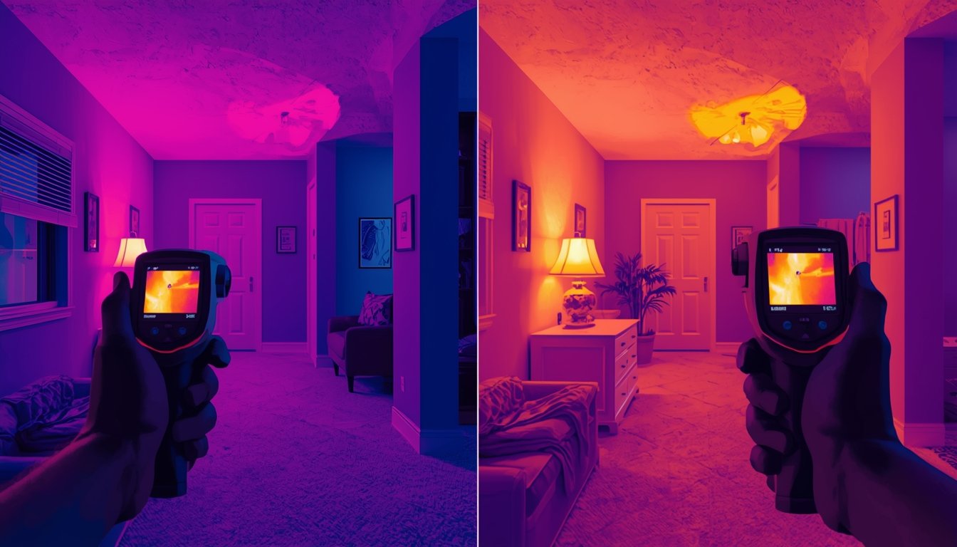 thermal image highlighting hidden water leak inside wall