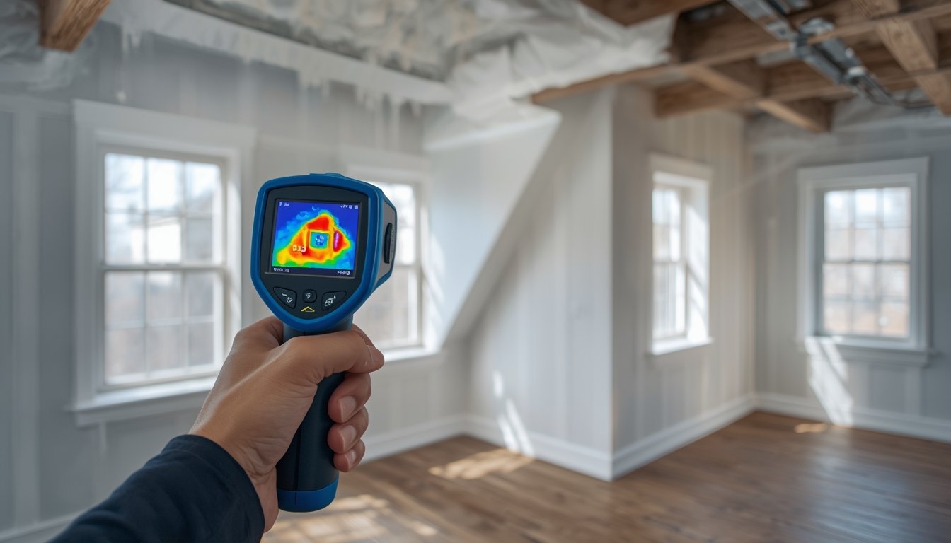 Person using a thermal camera to inspect walls and ceilings for heat loss and hidden issues in a home