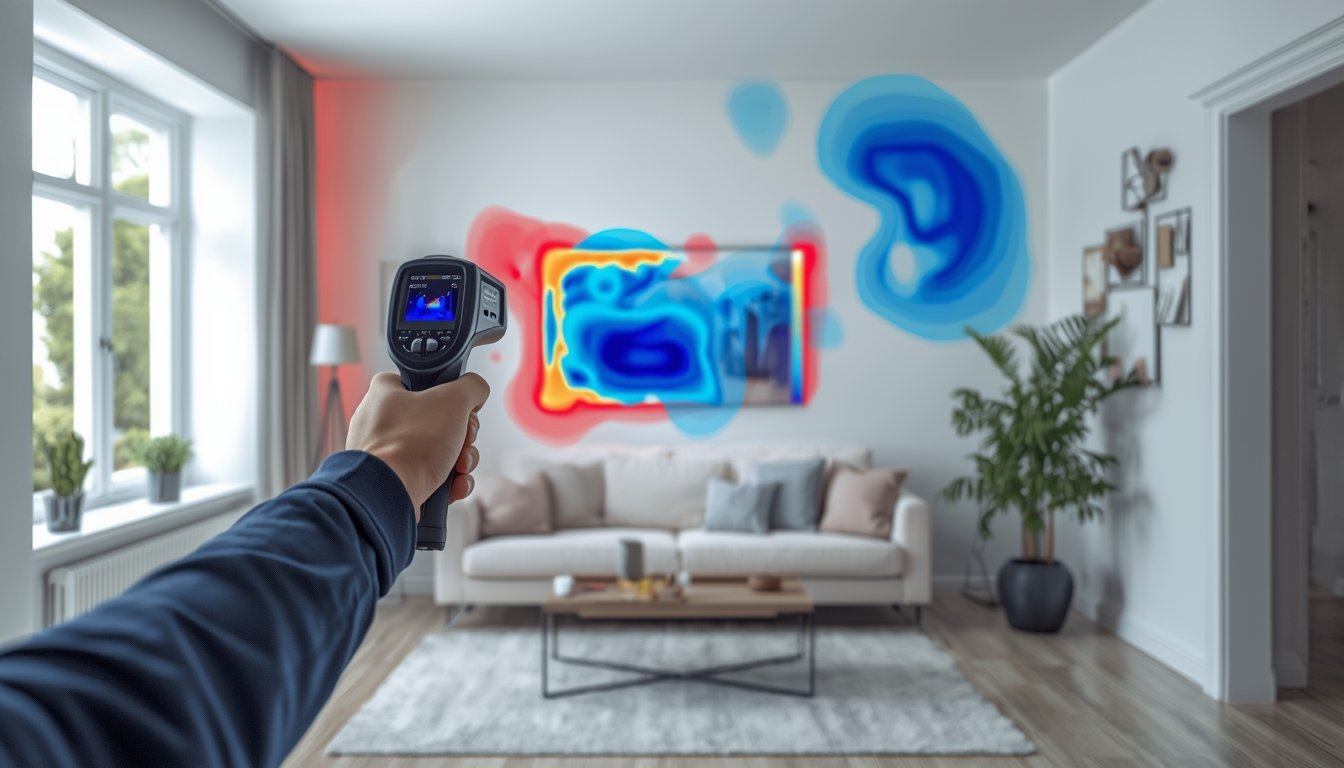 Person using a thermal camera to detect heat loss and temperature differences inside a home