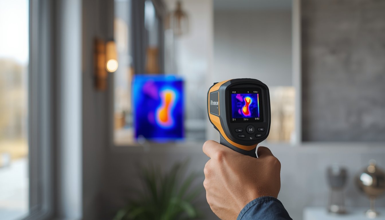 Thermal camera showing unclear temperature patterns on a wall due to reflective surfaces and limitations