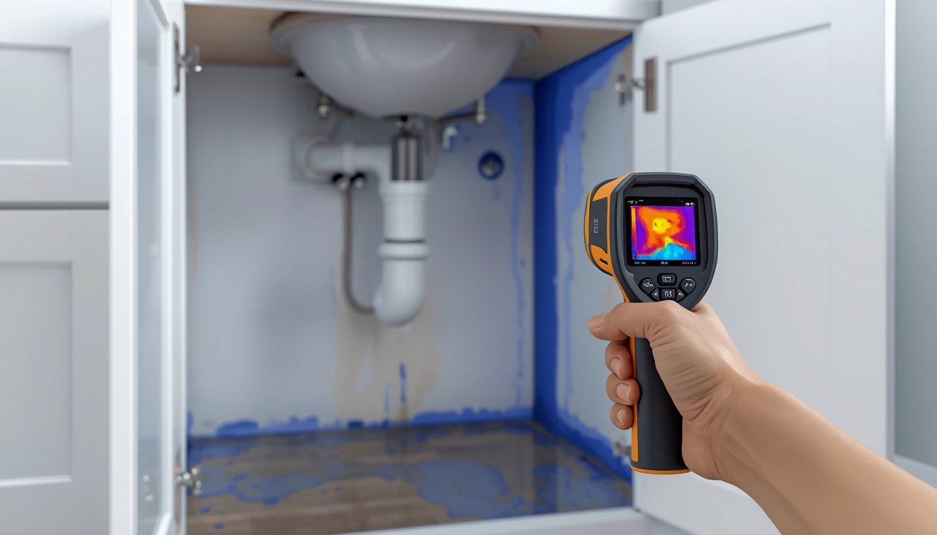 Using a thermal camera to identify temperature differences that may indicate hidden water leaks in a wall