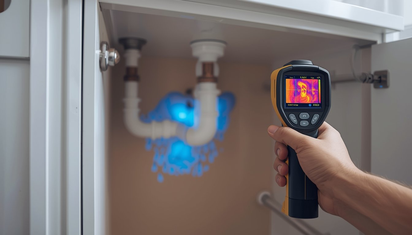 Using a thermal camera to detect hidden water leaks behind a wall under a sink