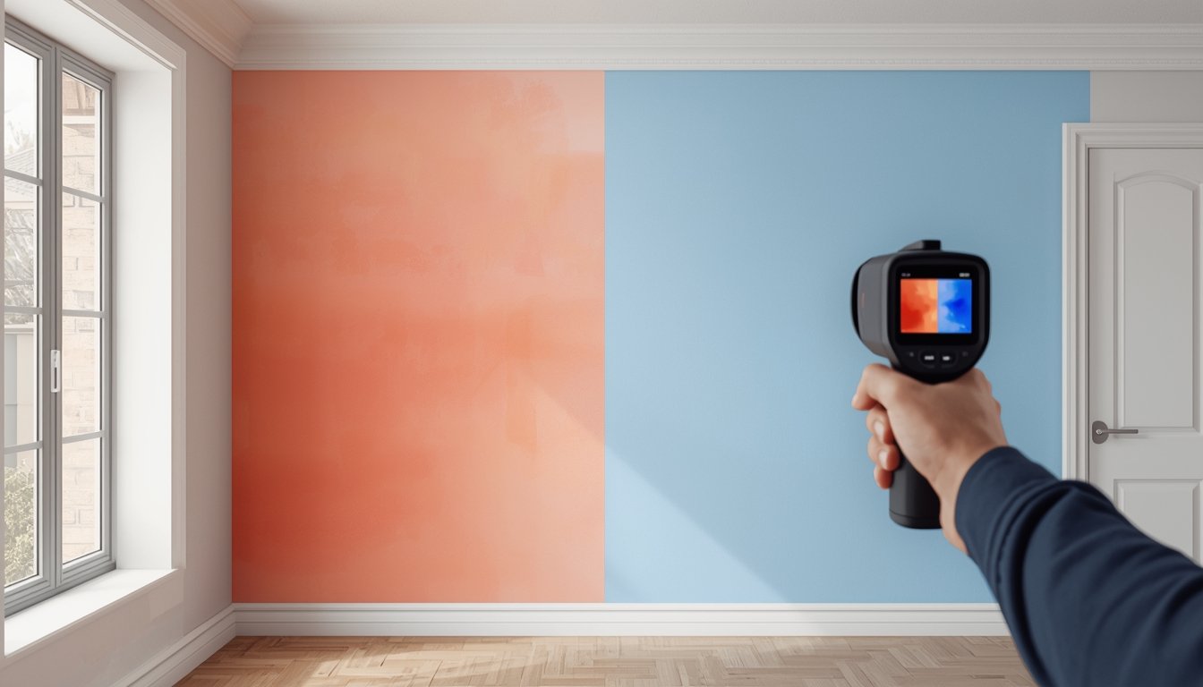 Thermal camera showing temperature differences on a wall with warm and cool areas clearly visible