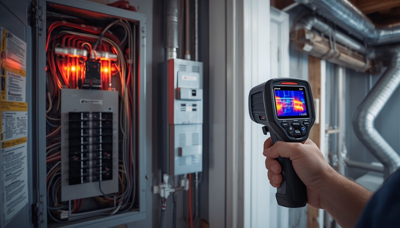 Using a thermal camera to detect hot spots in an electrical panel and airflow issues in HVAC ducts