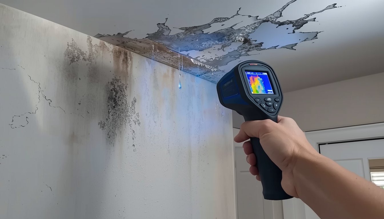 Thermal camera showing temperature patterns on walls and windows that may indicate heat loss and insulation issues