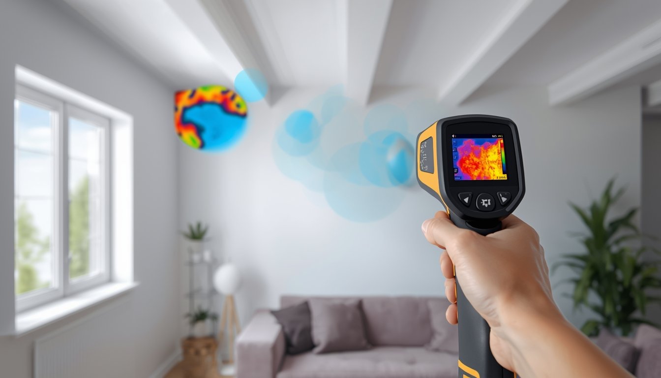 Using a thermal camera to detect insulation gaps and heat loss in a home wall and ceiling