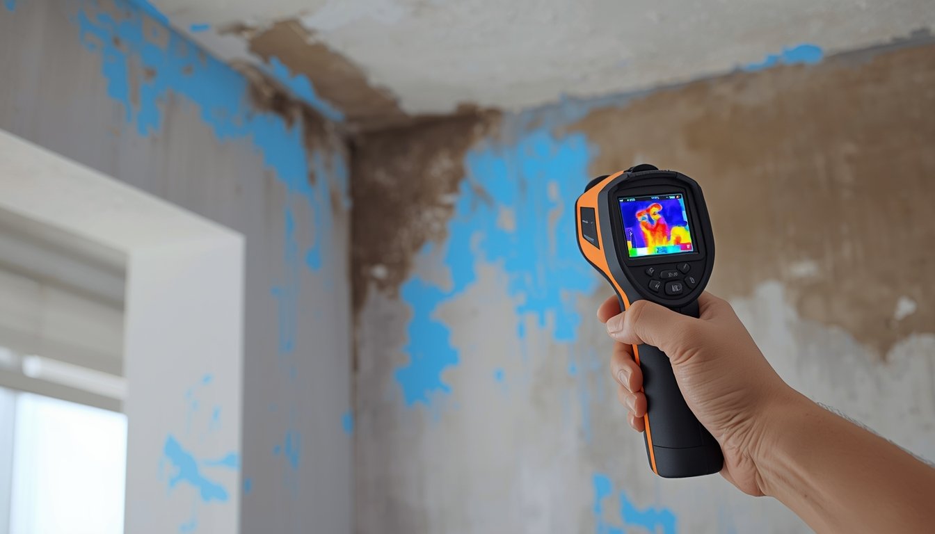 Thermal camera showing moisture patterns on a wall that may indicate conditions where mold could develop