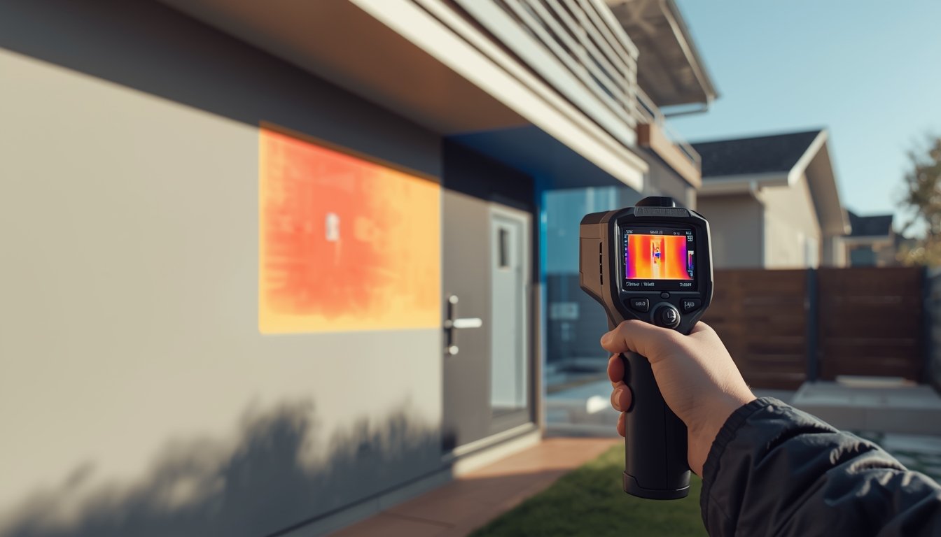 Thermal camera showing temperature differences on a house wall affected by sunlight and outdoor weather conditions